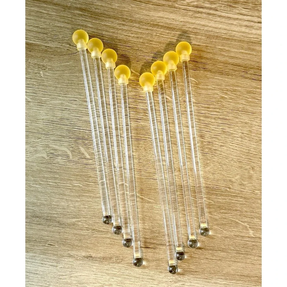 Yellow Lemon Ball Tipped Swizzle Sticks Set Of 8 Clear Acrylic Vintage Barware